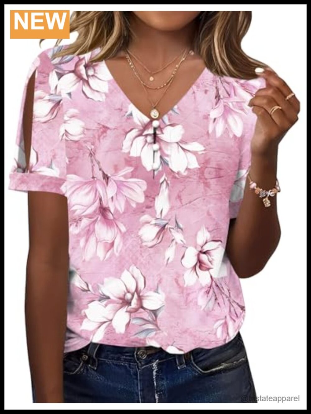 Cold Shoulder Tunic Top Button V Neck Short Sleeve Dressy Casual Blouse